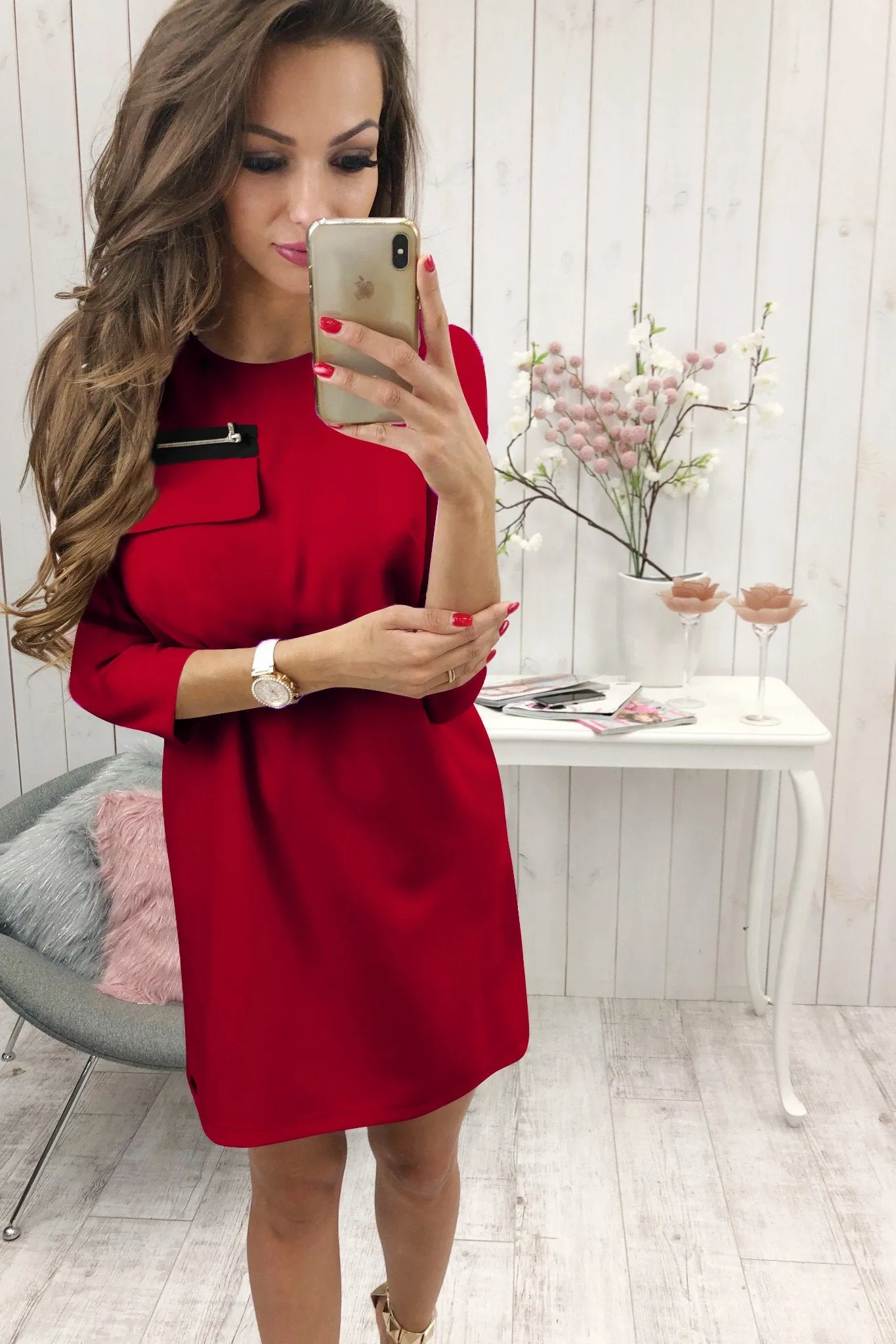 Black 3/4 Length Sleeve Plain Casual Crew Neck Mini Dress