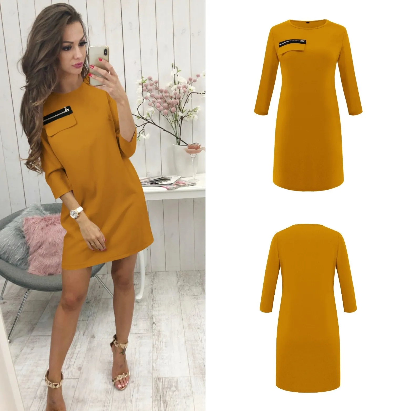 Black 3/4 Length Sleeve Plain Casual Crew Neck Mini Dress