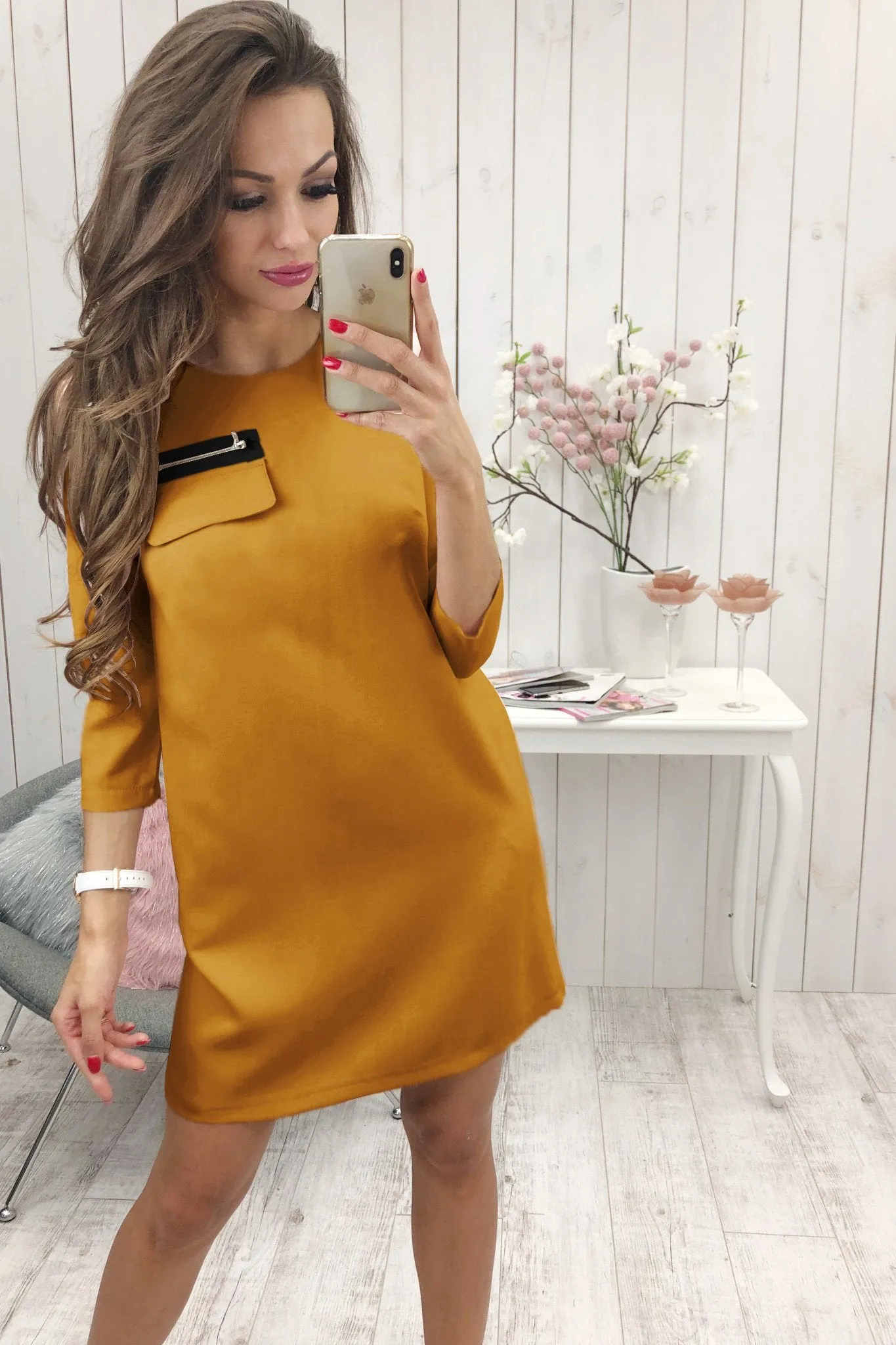 Black 3/4 Length Sleeve Plain Casual Crew Neck Mini Dress