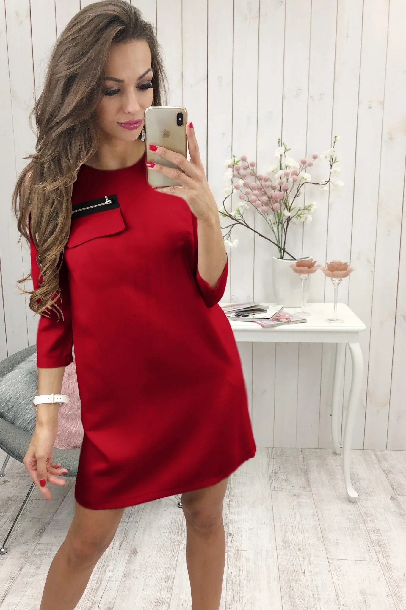 Black 3/4 Length Sleeve Plain Casual Crew Neck Mini Dress