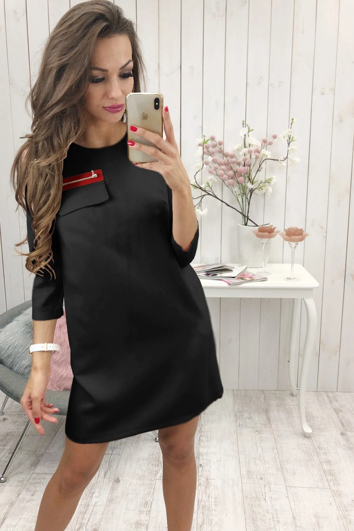 Black 3/4 Length Sleeve Plain Casual Crew Neck Mini Dress