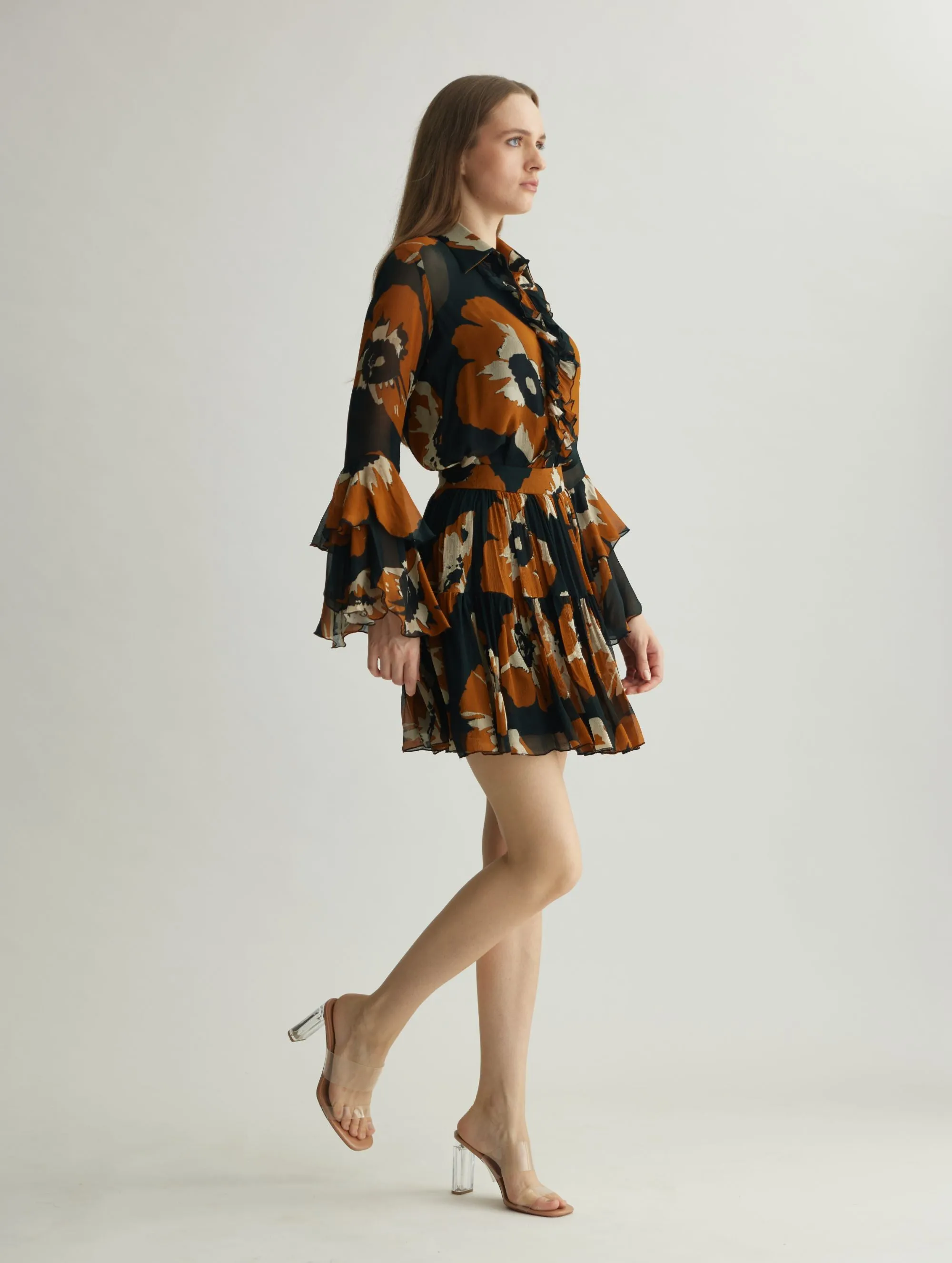 BLACK AND RUST FLORAL FRILL TOP