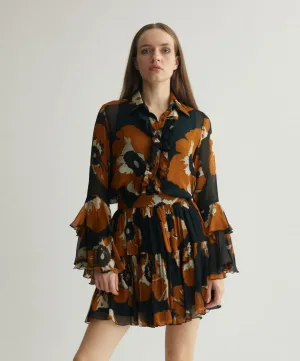 BLACK AND RUST FLORAL FRILL TOP