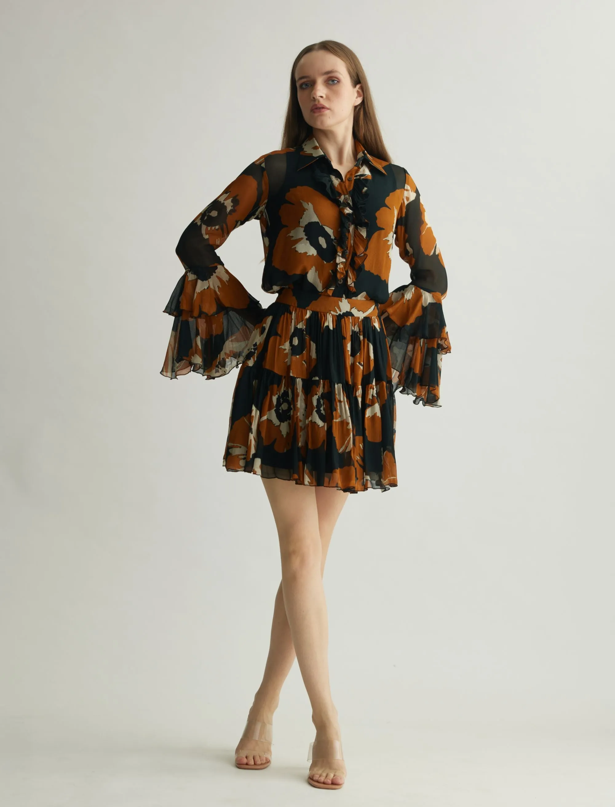 BLACK AND RUST FLORAL FRILL TOP