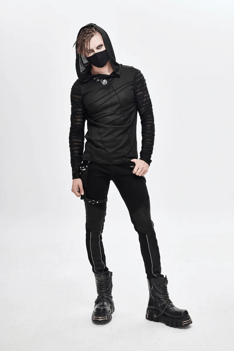 Black Gothic Punk Long Sleeves Hoodie / Men's Transparent Sleeves Top with Buckle