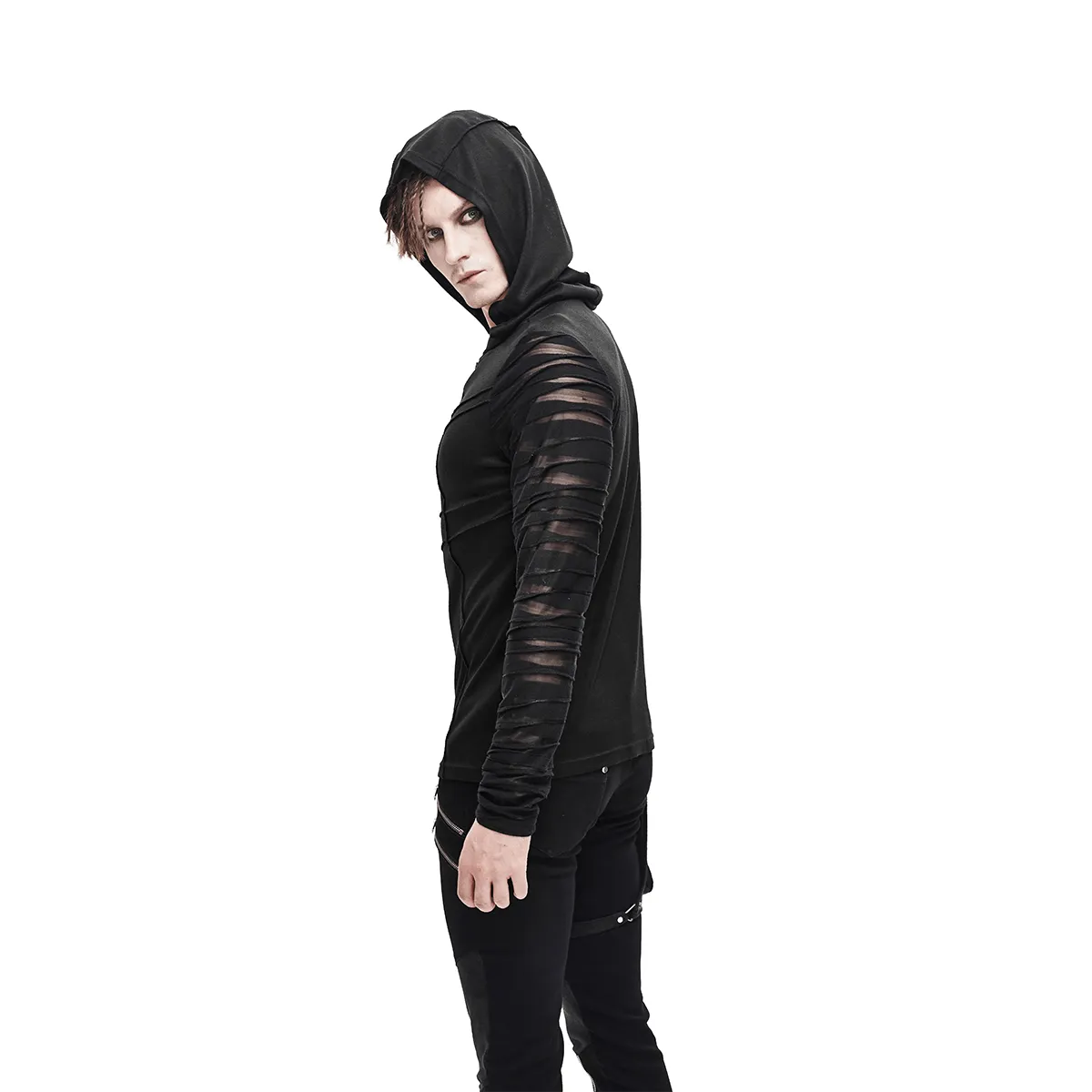 Black Gothic Punk Long Sleeves Hoodie / Men's Transparent Sleeves Top with Buckle