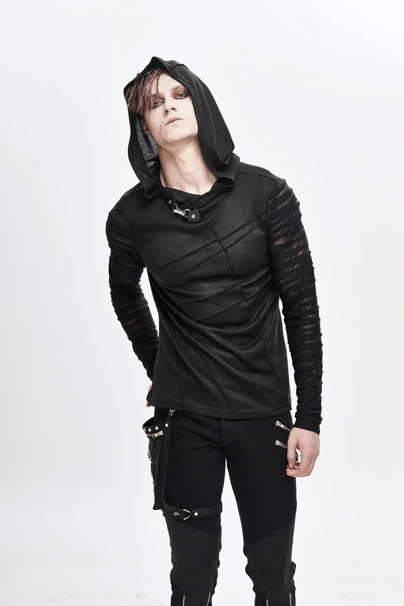 Black Gothic Punk Long Sleeves Hoodie / Men's Transparent Sleeves Top with Buckle