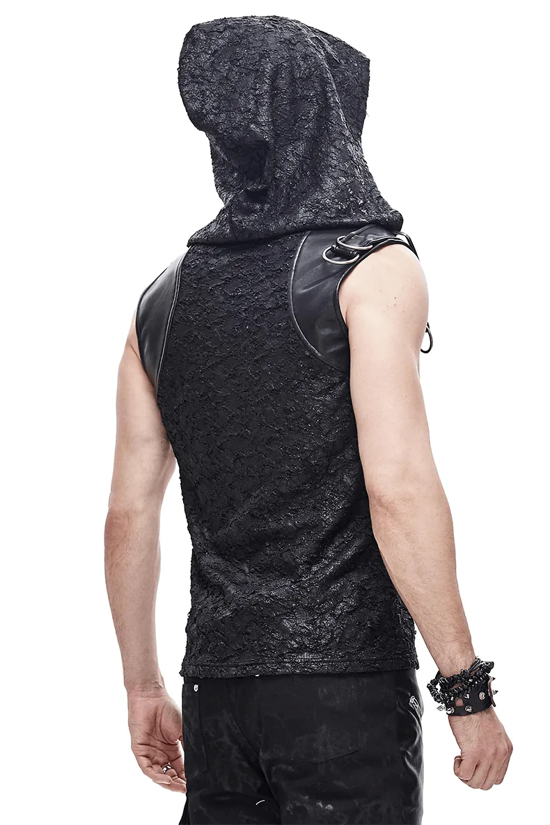 Black Hooded Sleeveless Top / Gothic Lacing on the Neckline T-Shirt with Buckle