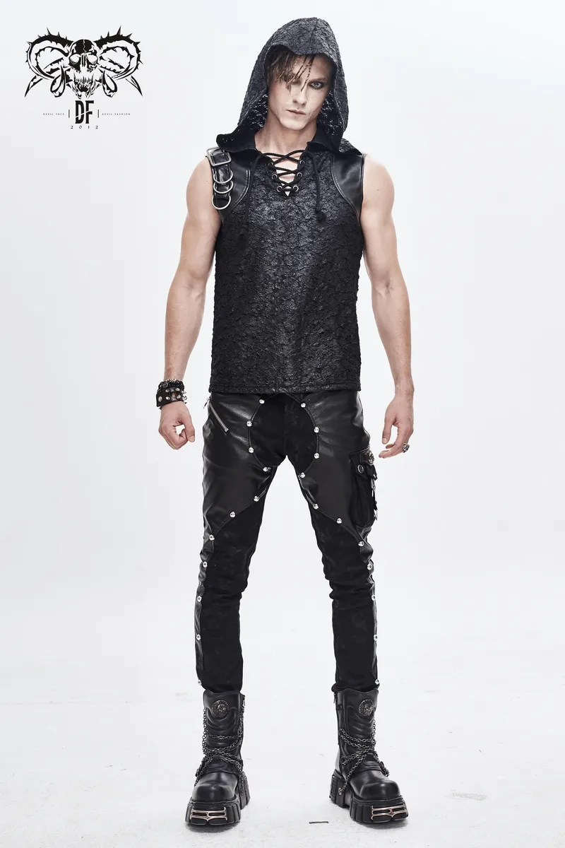 Black Hooded Sleeveless Top / Gothic Lacing on the Neckline T-Shirt with Buckle