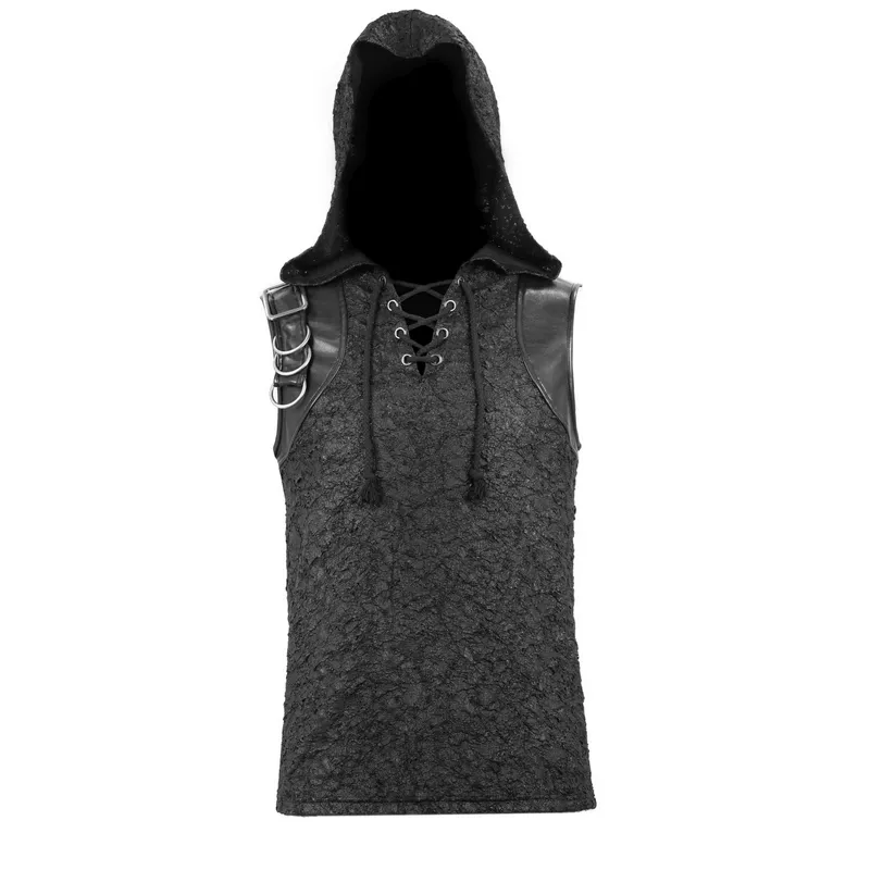 Black Hooded Sleeveless Top / Gothic Lacing on the Neckline T-Shirt with Buckle