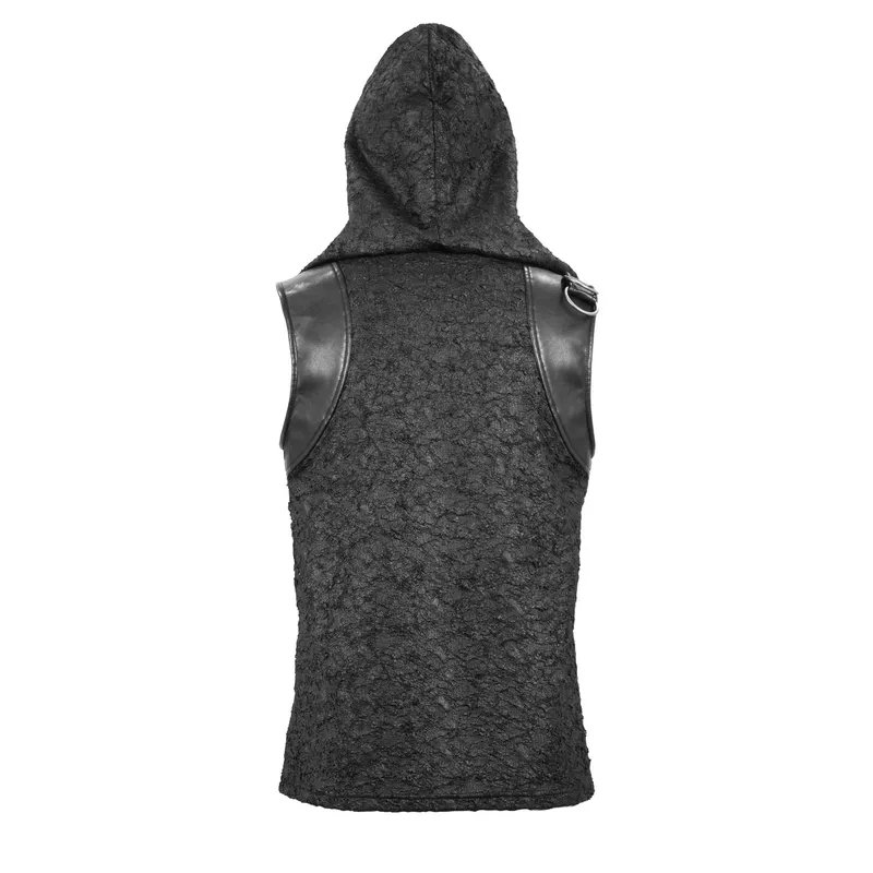 Black Hooded Sleeveless Top / Gothic Lacing on the Neckline T-Shirt with Buckle