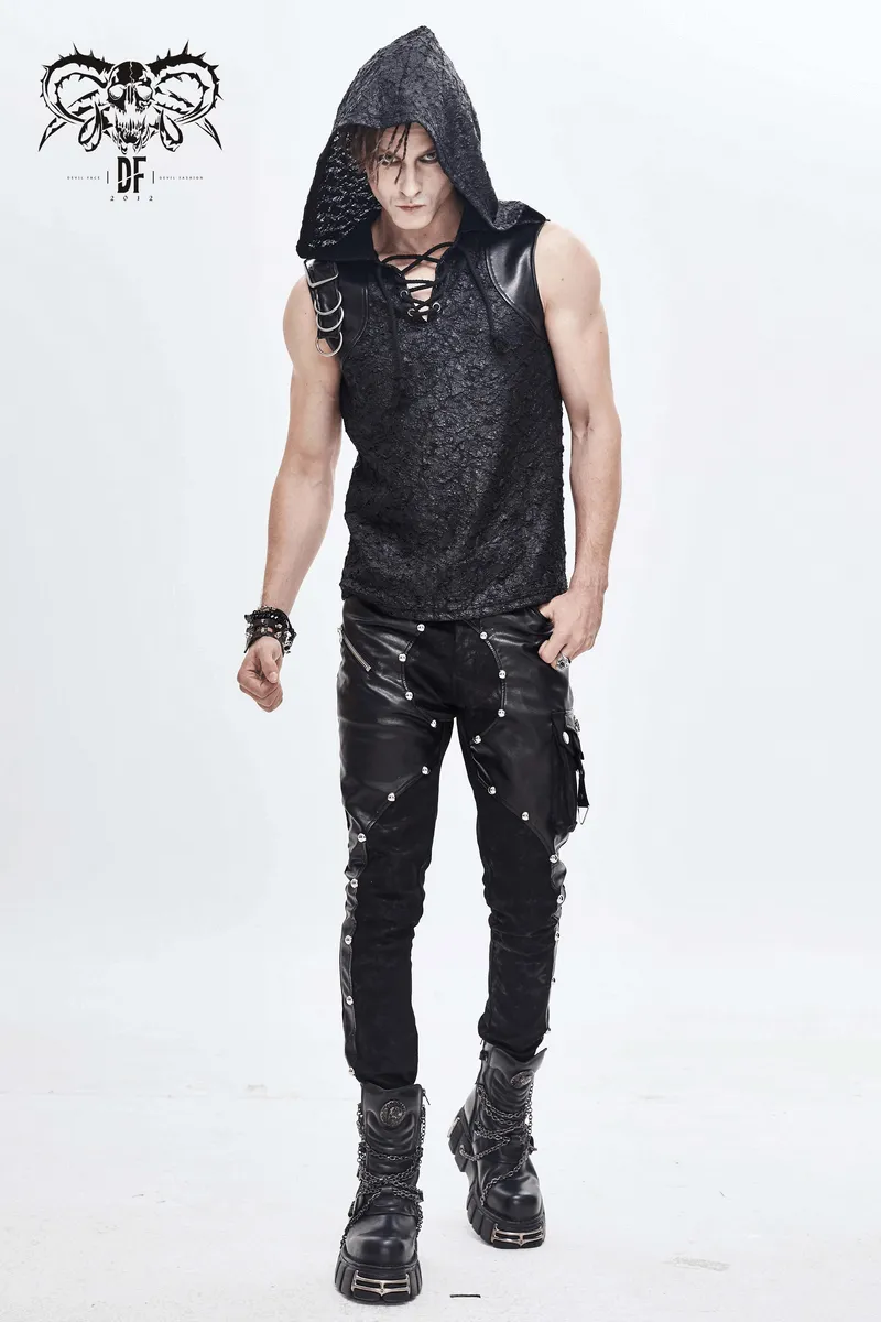 Black Hooded Sleeveless Top / Gothic Lacing on the Neckline T-Shirt with Buckle