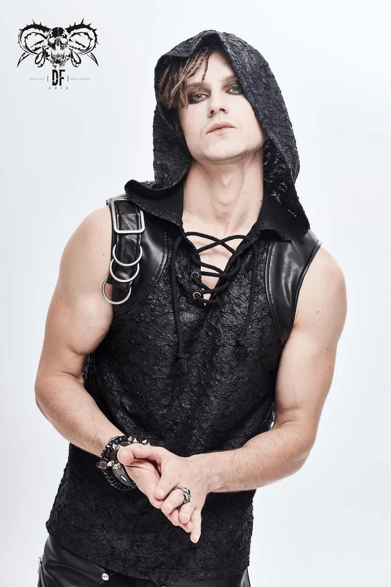 Black Hooded Sleeveless Top / Gothic Lacing on the Neckline T-Shirt with Buckle