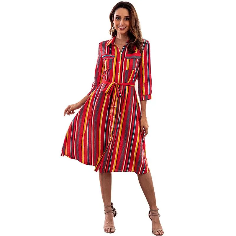 Blue Colorful Striped Print Crew Neck Dress