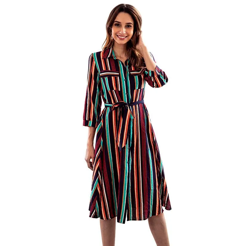 Blue Colorful Striped Print Crew Neck Dress