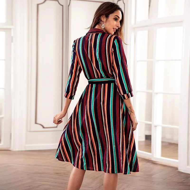 Blue Colorful Striped Print Crew Neck Dress