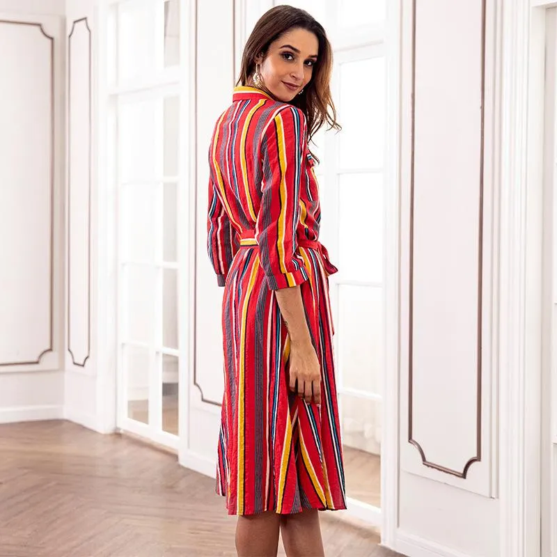 Blue Colorful Striped Print Crew Neck Dress