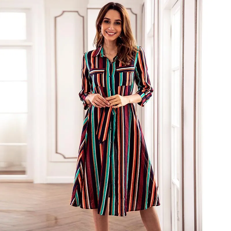 Blue Colorful Striped Print Crew Neck Dress