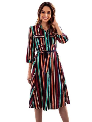 Blue Colorful Striped Print Crew Neck Dress