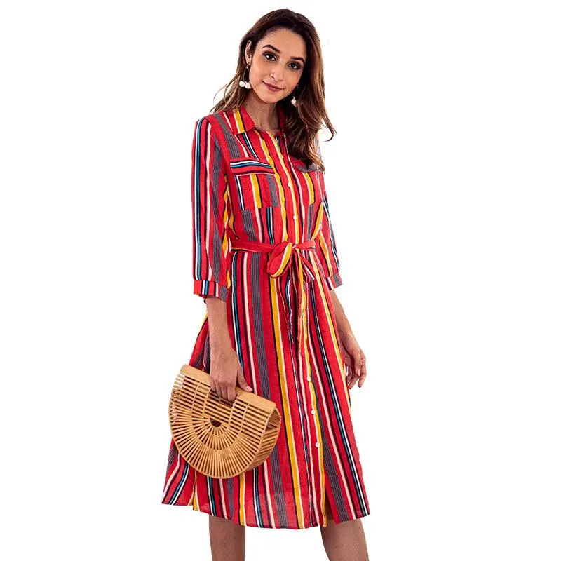 Blue Colorful Striped Print Crew Neck Dress