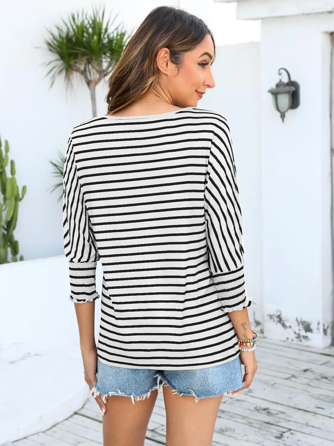 Bluetime Womens Crew Neck 3/4 Sleeve Tops Loose Fit Shirts Casual Solid Basic Tees Shirt Blouses