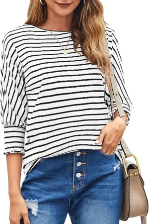 Bluetime Womens Crew Neck 3/4 Sleeve Tops Loose Fit Shirts Casual Solid Basic Tees Shirt Blouses