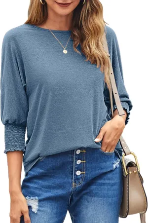 Bluetime Womens Crew Neck 3/4 Sleeve Tops Loose Fit Shirts Casual Solid Basic Tees Shirt Blouses