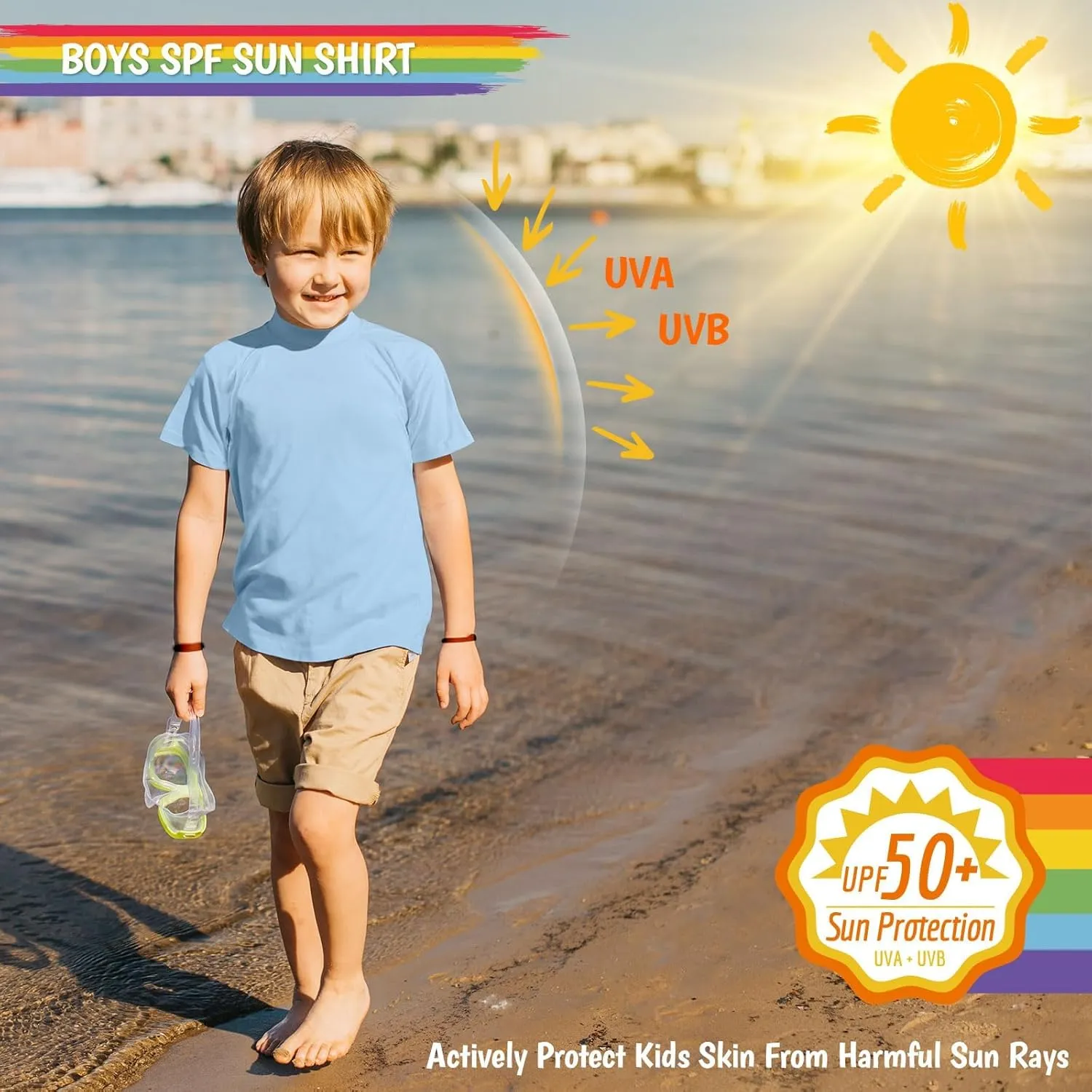 Boy's UPF 50  Rash Guard Swim Shirts Short Sleeve Sun Protection SPF Fishing Surfing Water Beach Shirts Quick Dry