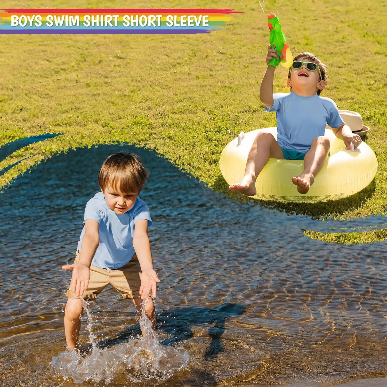 Boy's UPF 50  Rash Guard Swim Shirts Short Sleeve Sun Protection SPF Fishing Surfing Water Beach Shirts Quick Dry