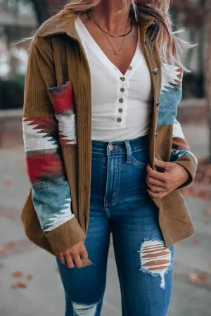 Brown Aztec Pattern Corduroy Shacket