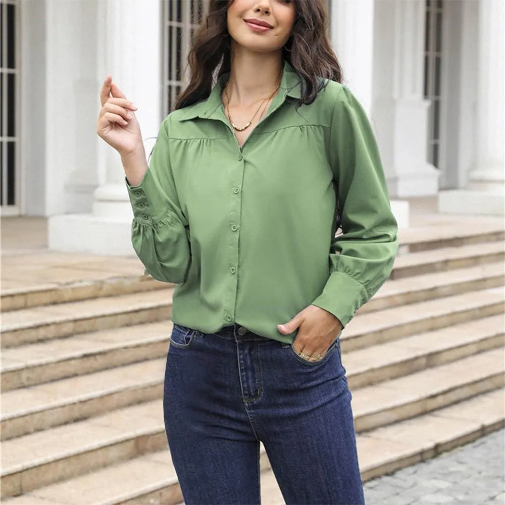 Button Down Shirts for Women Long Sleeve Collared Dress Shirts V Neck Plain Work Daily Casual Trendy Tops