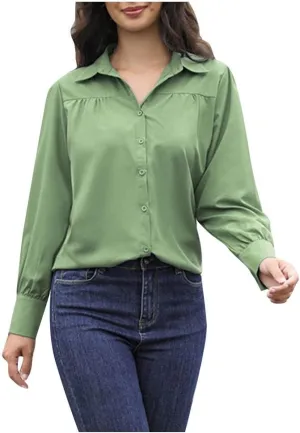 Button Down Shirts for Women Long Sleeve Collared Dress Shirts V Neck Plain Work Daily Casual Trendy Tops