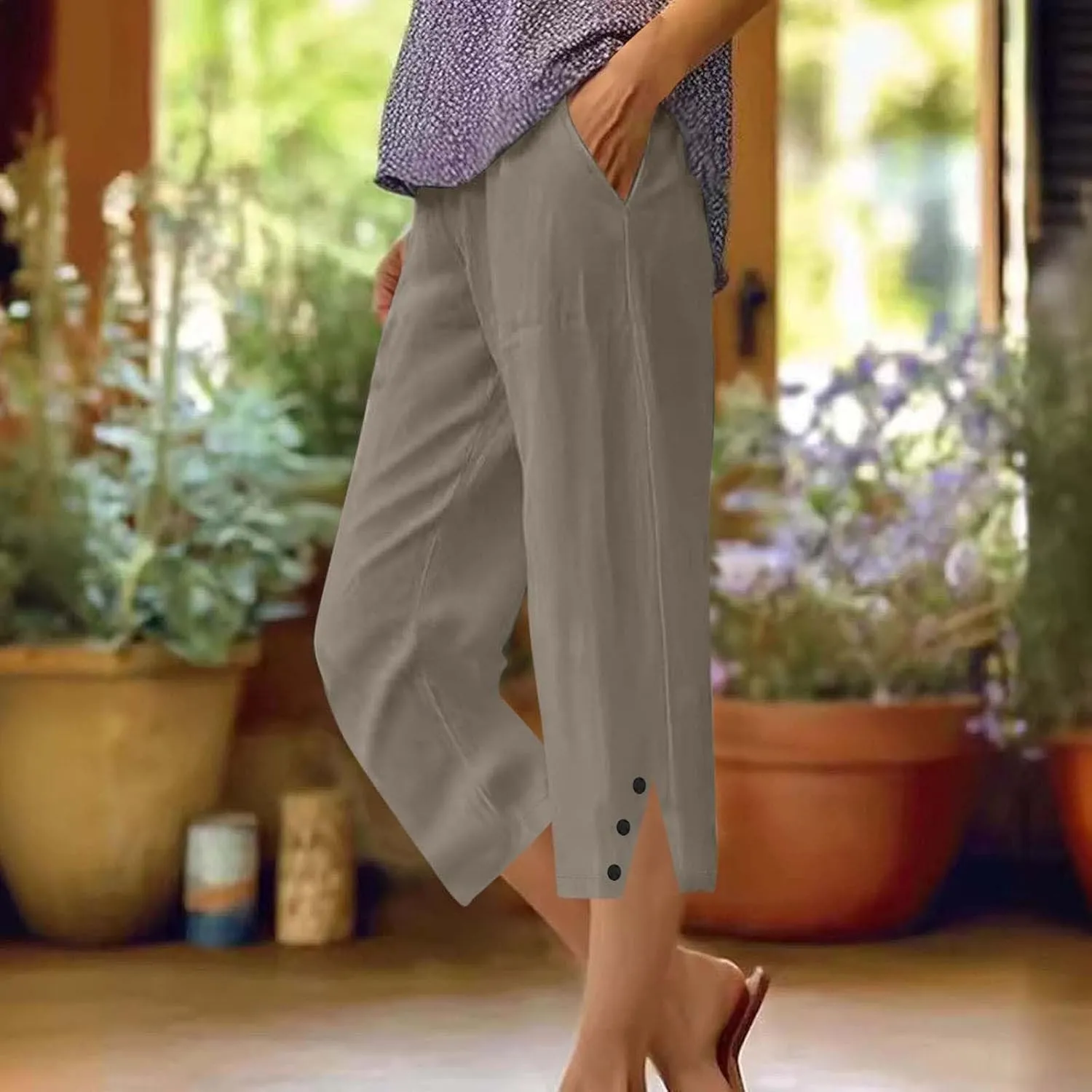 Capri Pants for Women Straight Wide Leg Linen Trousers Casual Lightweight Summer Clothing with Pockets