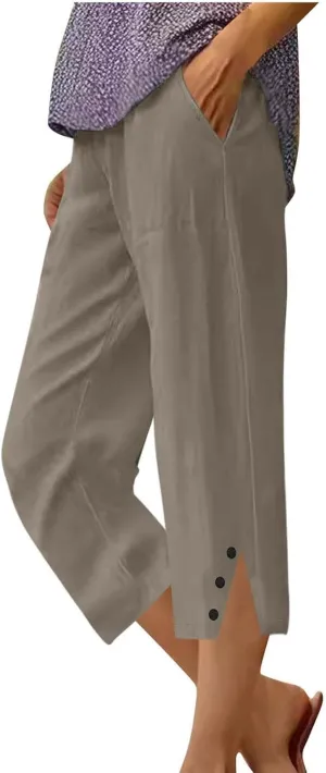 Capri Pants for Women Straight Wide Leg Linen Trousers Casual Lightweight Summer Clothing with Pockets