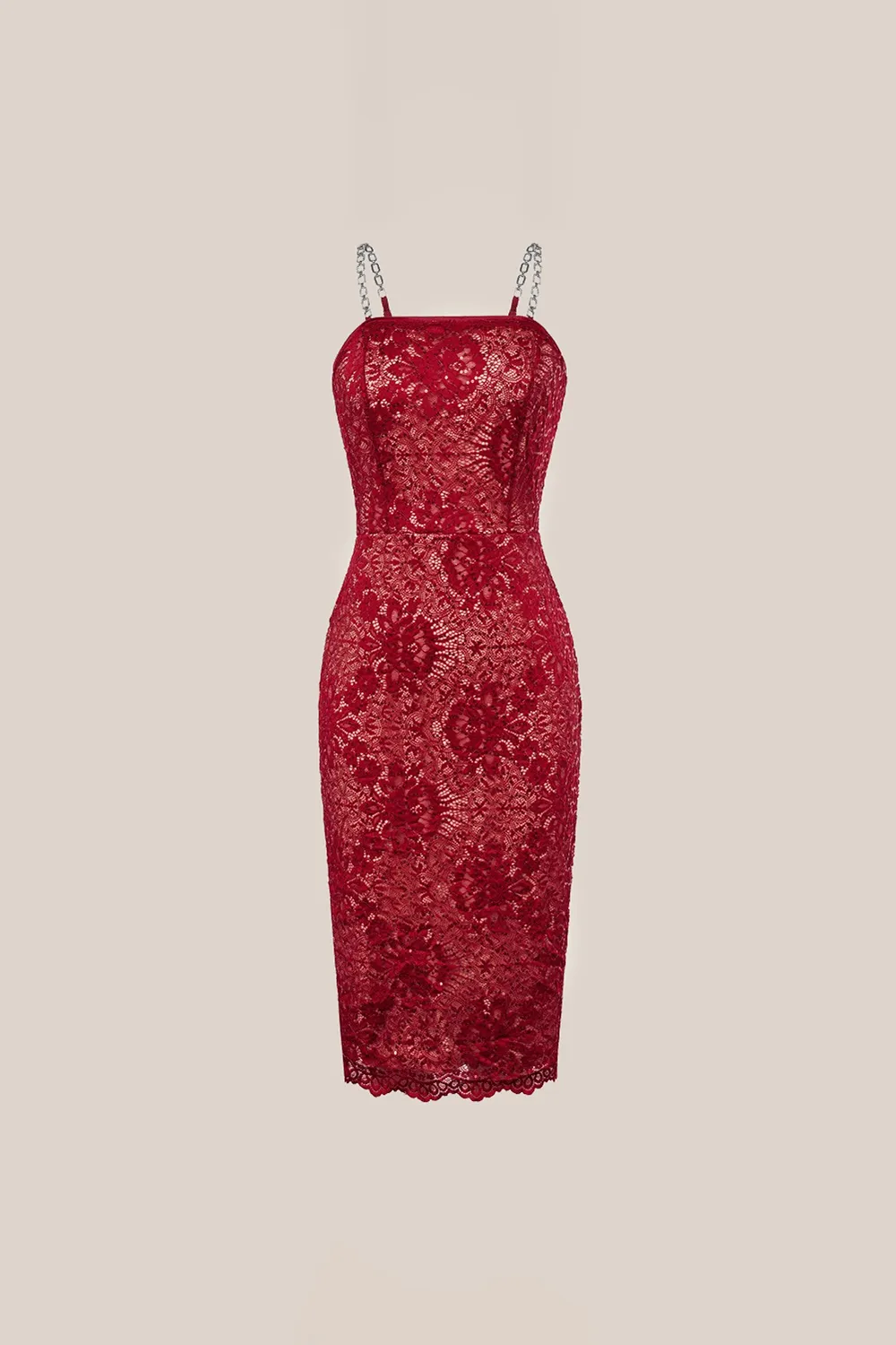 Casual Lace Spaghetti Straps Back Slit Bodycon Midi Dress - Red