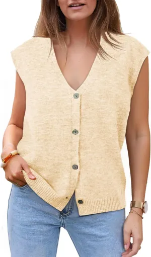 Cicy Bell Womens V Neck Sweater Vest Casual Button Down Knit Vest Outerwear Sleeveless Trendy Cardigans