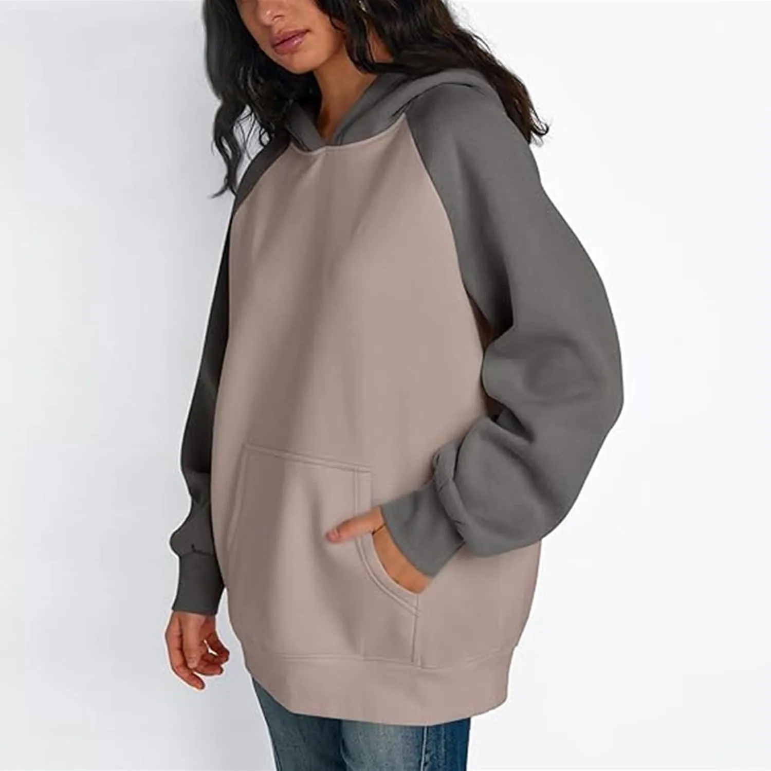 Color Block Hoodies for Women Trendy Oversized Raglan Sweatshirts Lightweight Fleece Cute Hoodies with Pockets
