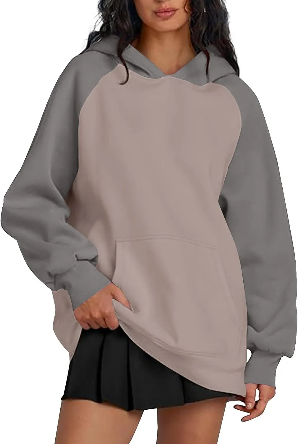 Color Block Hoodies for Women Trendy Oversized Raglan Sweatshirts Lightweight Fleece Cute Hoodies with Pockets