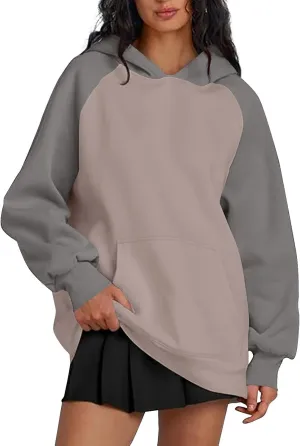 Color Block Hoodies for Women Trendy Oversized Raglan Sweatshirts Lightweight Fleece Cute Hoodies with Pockets