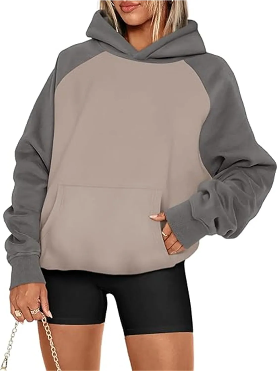 Color Block Hoodies for Women Trendy Oversized Raglan Sweatshirts Lightweight Fleece Cute Hoodies with Pockets