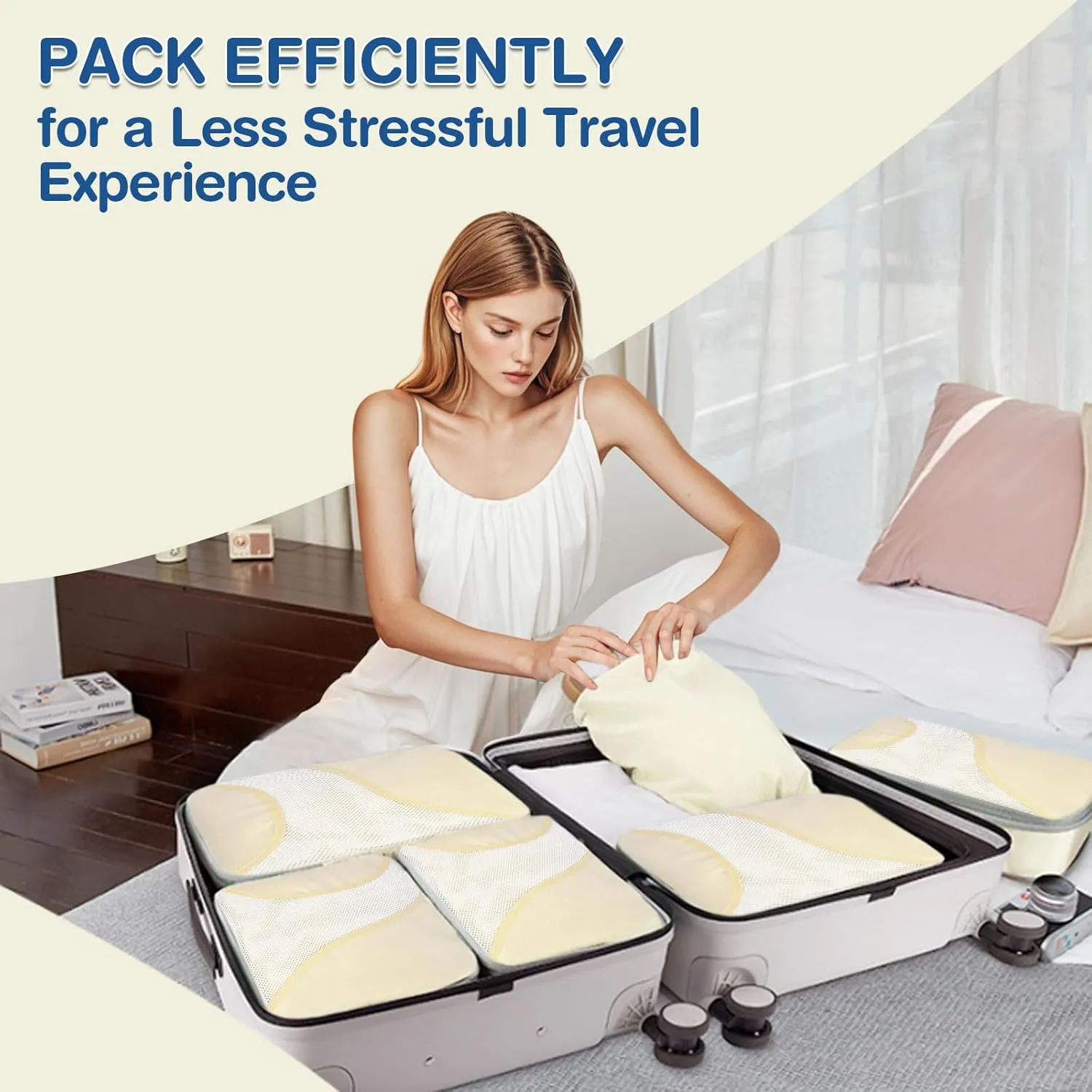 Compression Packing Cubes for Travel 6 Set Premium Luggage Organizers with 3 Travel Hangers, Expandable Ultra-Lightweight Mesh Trip Essentials Bags Durable for Vacations and Backpacking(Beige)