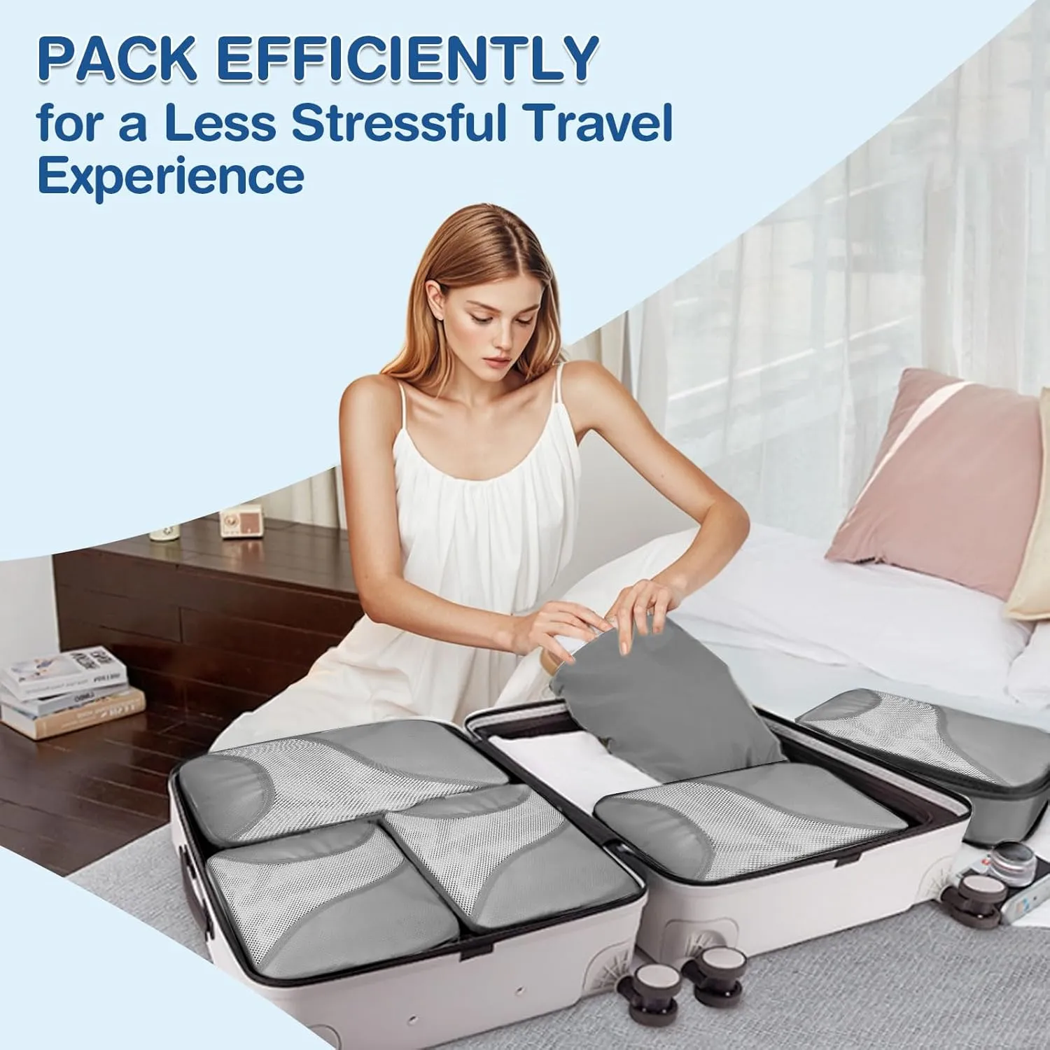 Compression Packing Cubes for Travel 6 Set Premium Luggage Organizers with 3 Travel Hangers, Expandable Ultra-Lightweight Mesh Trip Essentials Bags Durable for Vacations and Backpacking(Black)