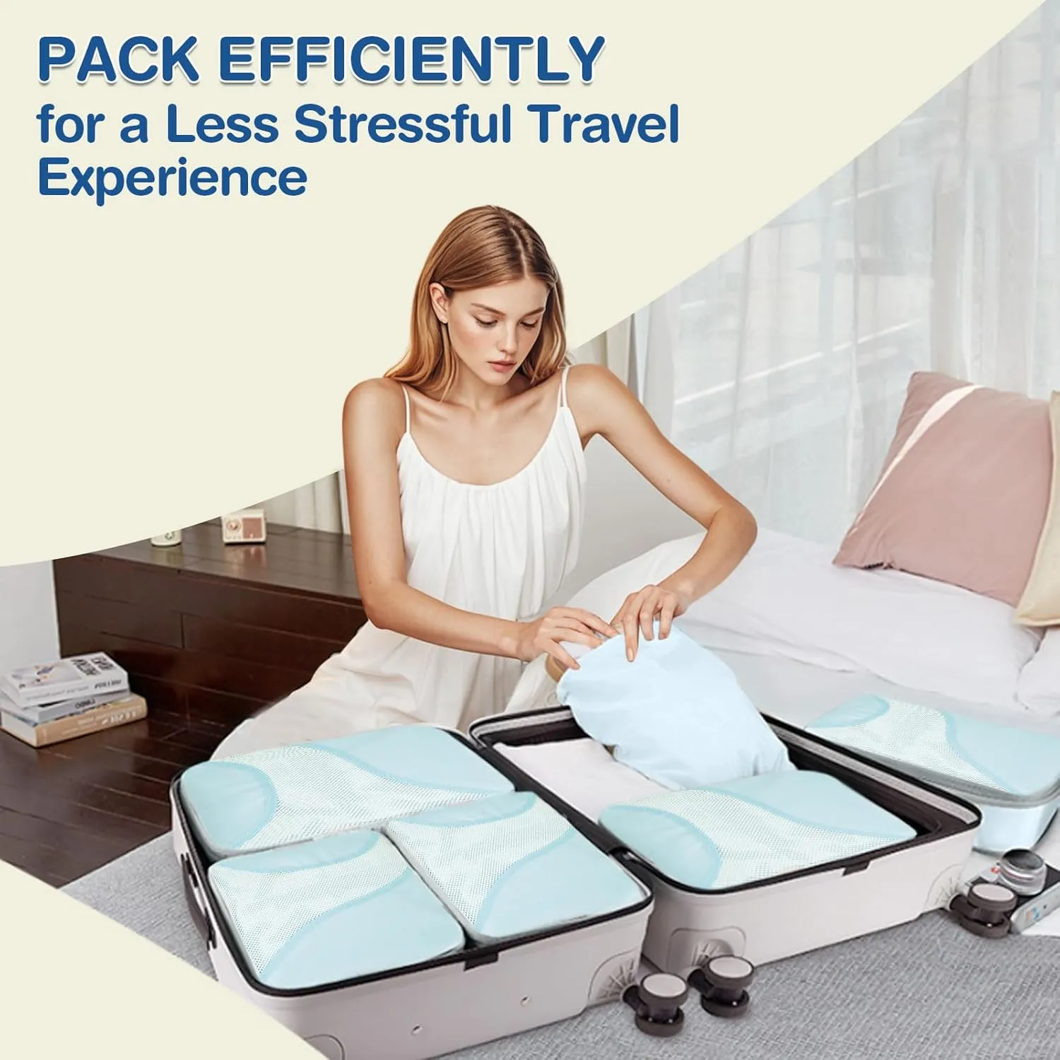 Compression Packing Cubes for Travel 6 Set Premium Luggage Organizers with 3 Travel Hangers, Expandable Ultra-Lightweight Mesh Trip Essentials Bags Durable for Vacations and Backpacking(Blue)