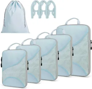 Compression Packing Cubes for Travel 6 Set Premium Luggage Organizers with 3 Travel Hangers, Expandable Ultra-Lightweight Mesh Trip Essentials Bags Durable for Vacations and Backpacking(Blue)