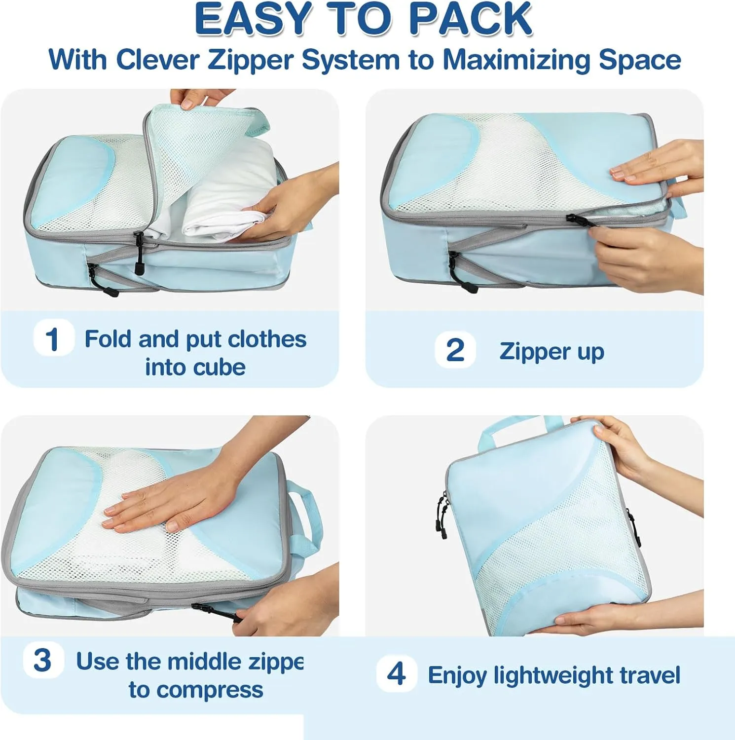 Compression Packing Cubes for Travel 6 Set Premium Luggage Organizers with 3 Travel Hangers, Expandable Ultra-Lightweight Mesh Trip Essentials Bags Durable for Vacations and Backpacking(Blue)