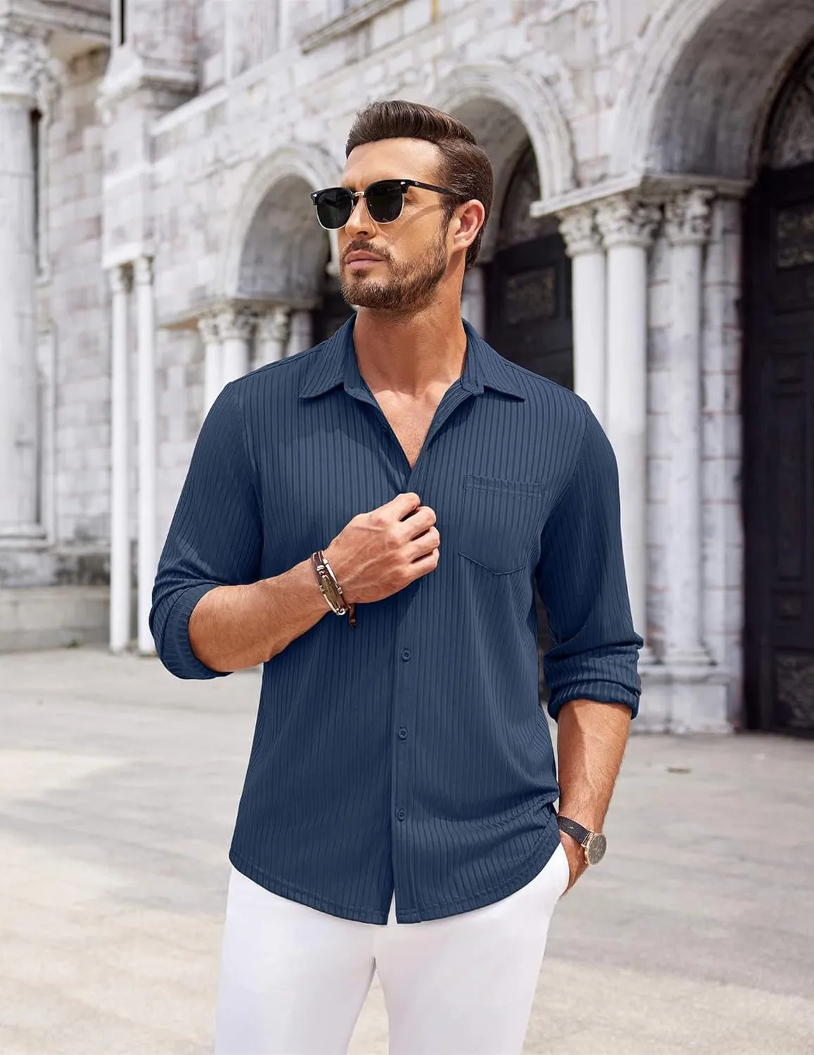 COOFANDY Men's Casual Button Down Shirt Long Sleeve Wrinkle Free Shirts Loose fit Shirt Textured Stretch Shirts with Pocket