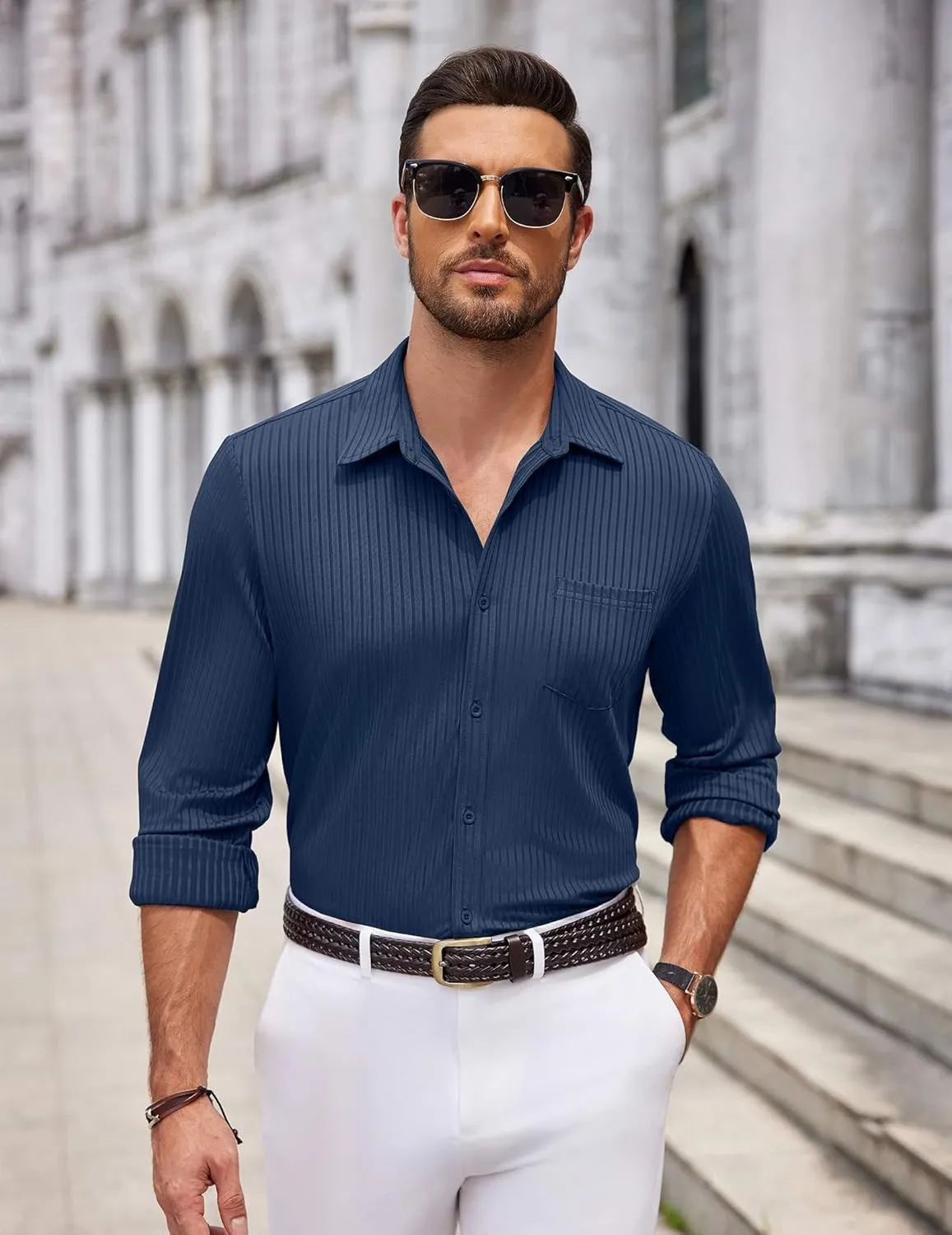 COOFANDY Men's Casual Button Down Shirt Long Sleeve Wrinkle Free Shirts Loose fit Shirt Textured Stretch Shirts with Pocket