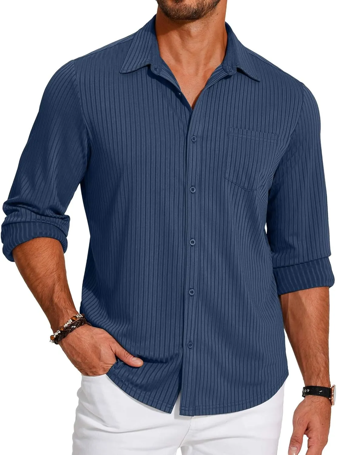COOFANDY Men's Casual Button Down Shirt Long Sleeve Wrinkle Free Shirts Loose fit Shirt Textured Stretch Shirts with Pocket