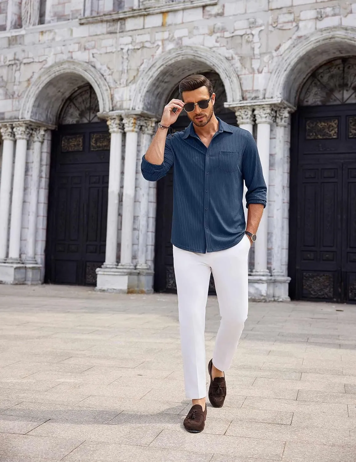 COOFANDY Men's Casual Button Down Shirt Long Sleeve Wrinkle Free Shirts Loose fit Shirt Textured Stretch Shirts with Pocket