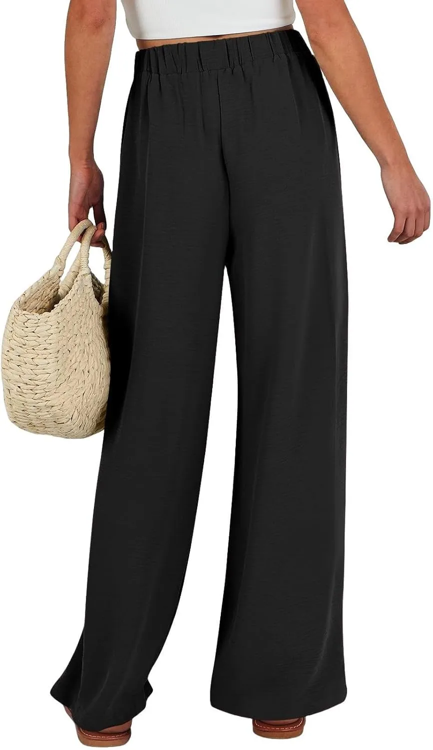 Cotton Linen Pants for Womens High Waist Drawstring Wide Leg Trousers Flowy Lightweight Loose Fit Travel Palazzo Pant